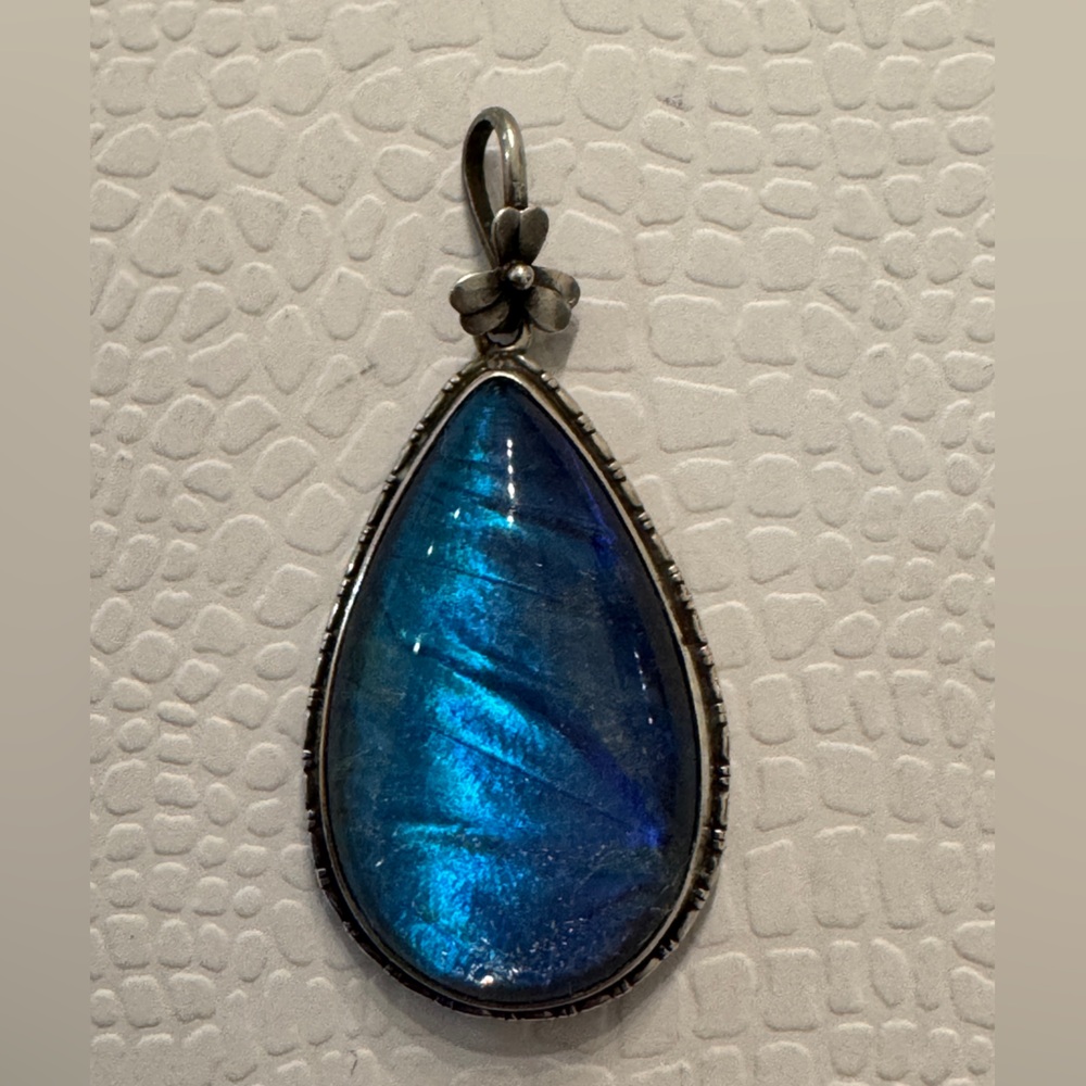 Vintage Art Deco Sterling Silver Faux Blue Butterfly Wing Pendant